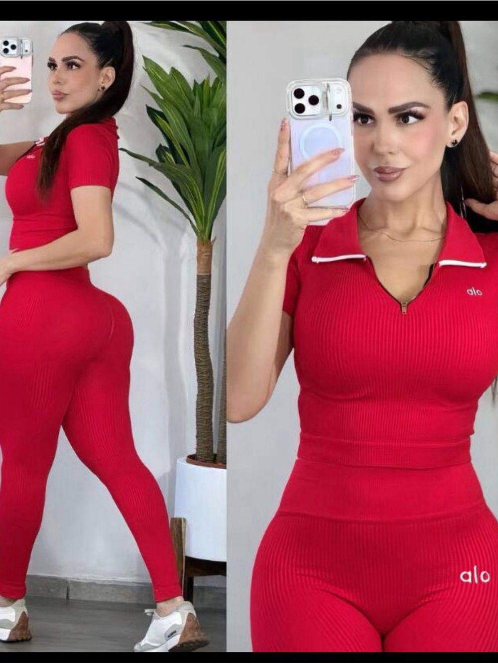 ALO Yoga Ribbed Red Zip-Front High-Waist Leggings Set